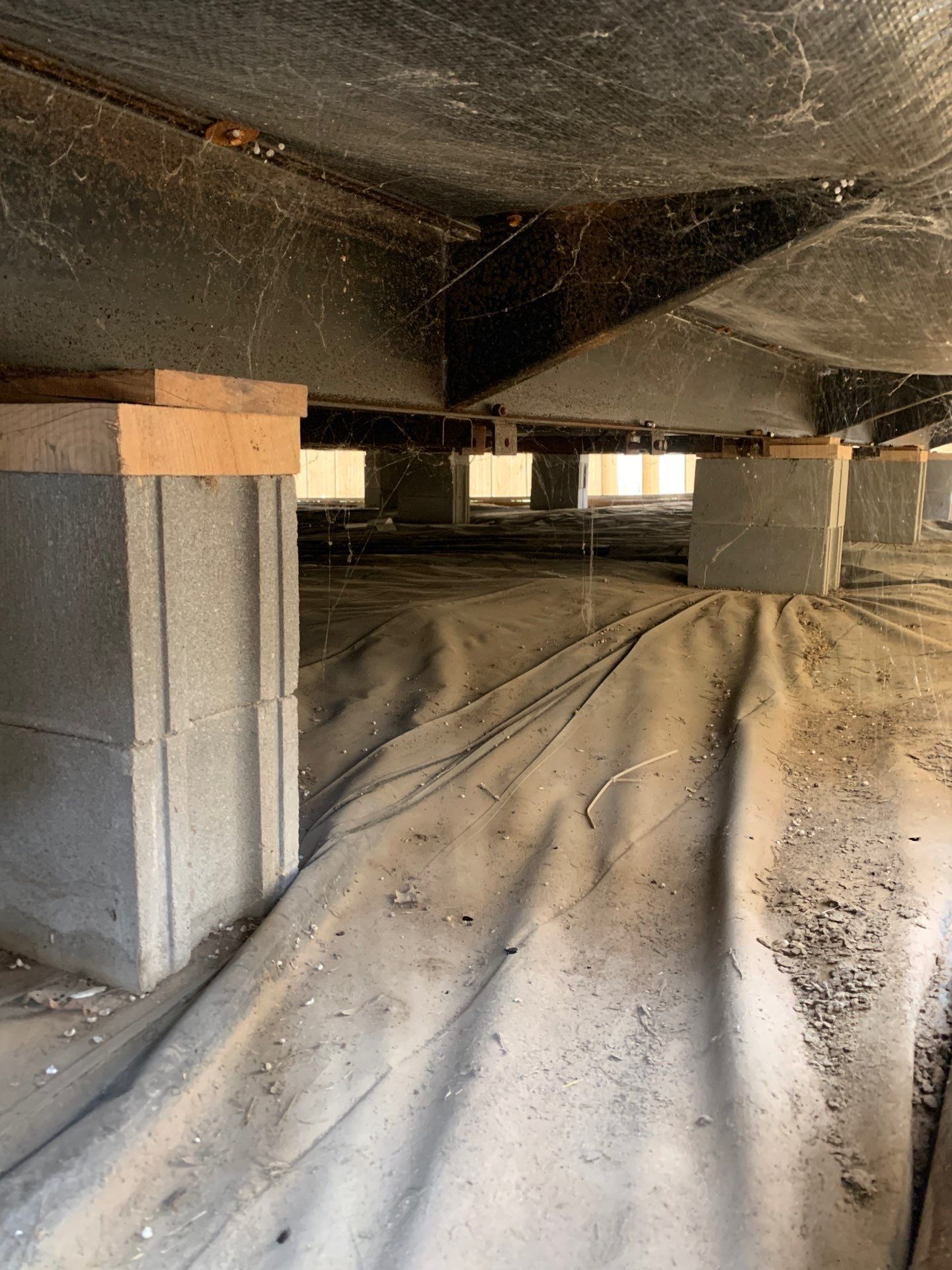 Epp Foundation Repair inspecting a neglected crawl space with dirty vapor barrier, spiderwebs, and old supports in Council Bl